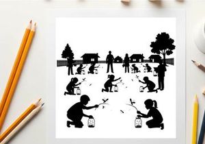 Silhouette of children releasing fireflies on a summer evening in a suburban setting