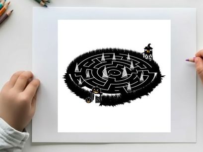 Silhouette of a person standing in a mysterious maze with pyramids silhouette