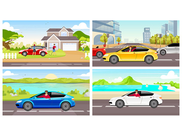 People with automobiles flat color vector illustrations set preview picture