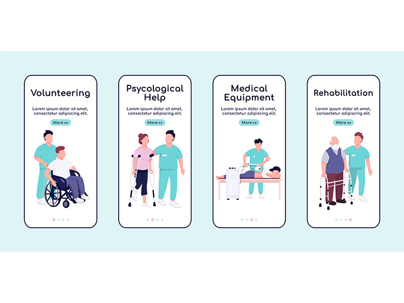 Disabled people care and rehabilitation onboarding mobile app screen flat vector template