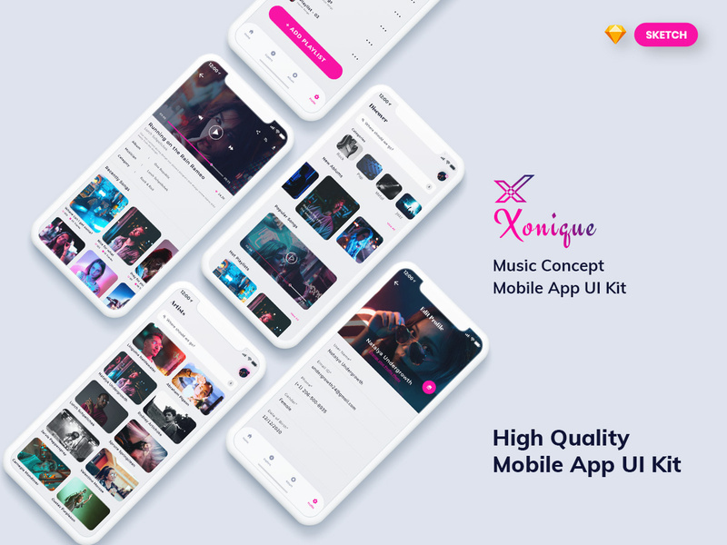 Xonique-Music Mobile App UI Kit Light Version (SKETCH)