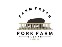 Pig Logo, Grilled Pork Pig Simple Rustic Stamp, Livestock Cattle Vector