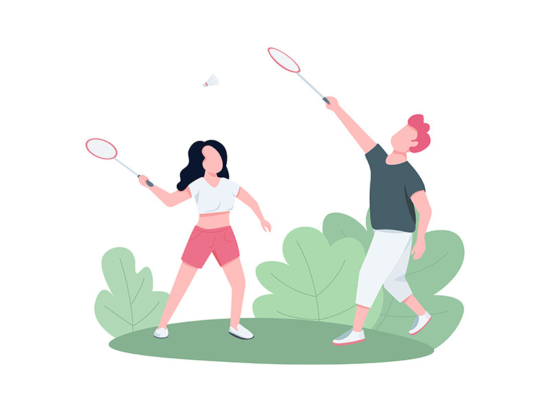 Couple playing badminton outdoors flat color vector faceless characters