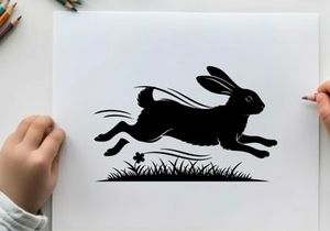 Silhouette of a running rabbit in the grass field silhouette