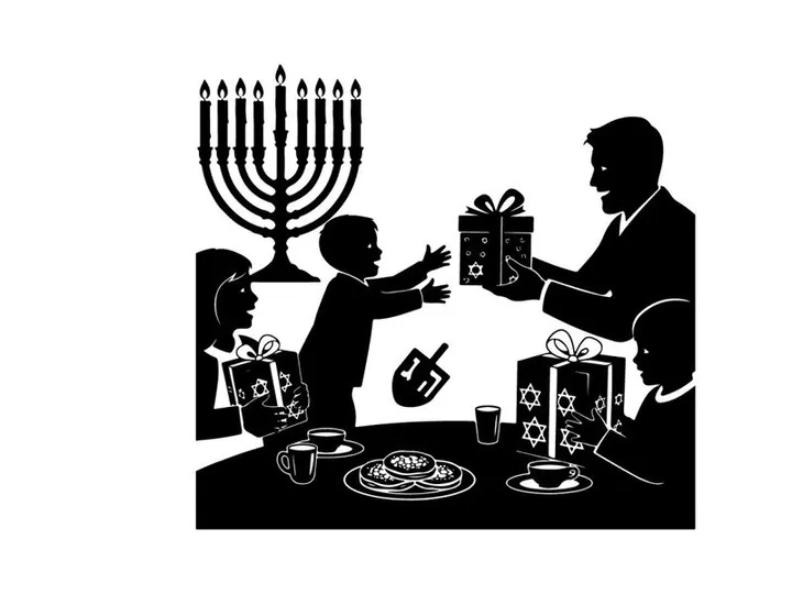 Silhouette of a family celebrating hanukkah with gift giving and traditional foods
