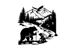 Silhouette of bear and child in mountainous landscape with eagle