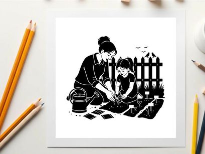 Silhouette of a woman and child gardening together outside