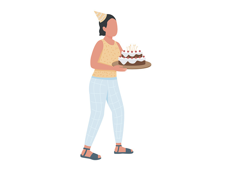 Girl with birthday cake semi flat color vector character