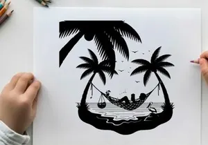 Couple relaxing in hammock between palm trees silhouette
