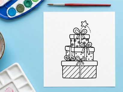 Stack of Christmas gift boxes with bows and a star, black and white line art illustration.
