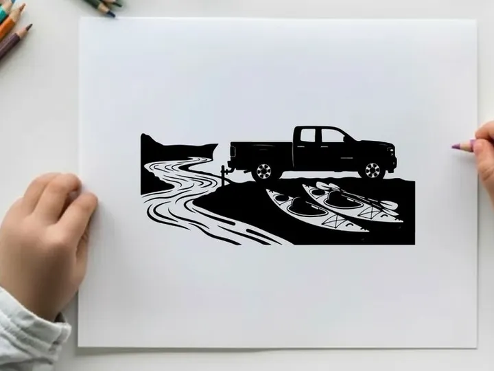 Silhouette of a pickup truck on a winding road in a rural silhouette landscape
