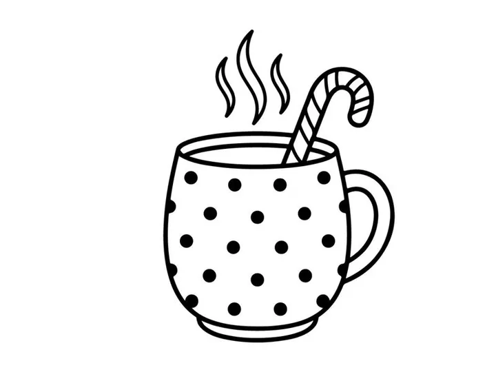 Steaming hot coffee in polka dot mug with candy cane stirrer for festive Christmas morning