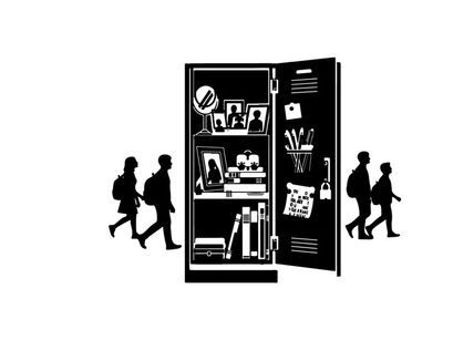 Silhouette of people walking past an open refrigerator silhouette