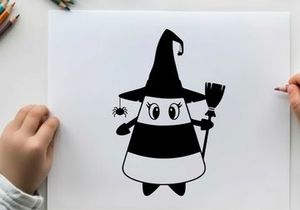 Silhouette of a cartoon witch with a broom and hat
