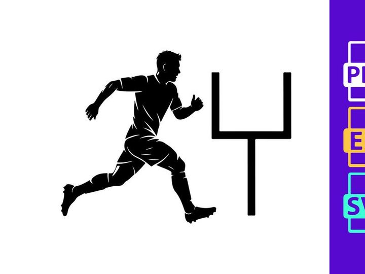 Silhouette of a man running next to a football goal post on a white background
