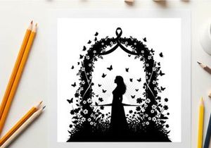 Silhouette of a woman standing in a floral archway with butterflies