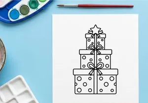 Christmas gift boxes stack with polka dot pattern and star topper line art illustration.