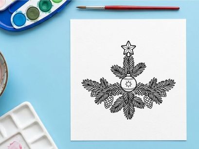 Hand-drawn Christmas wreath with star and pinecones for festive holiday decor and greeting cards