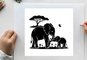 Silhouette of mother and baby elephant with tree and butterfly