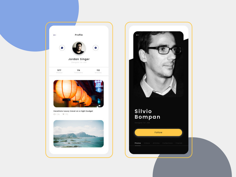 User profile options for mobile app