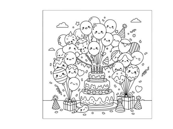 Birthday celebration with balloons and cake vector illustration