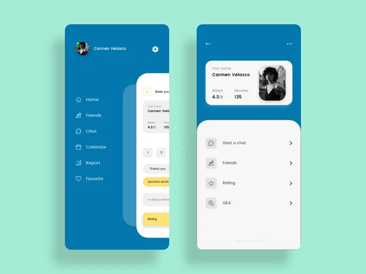 User profile and Left menu screens for Mobile app