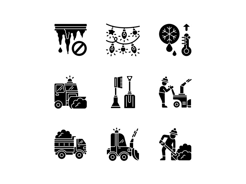 Winter city services black glyph icons set on white space