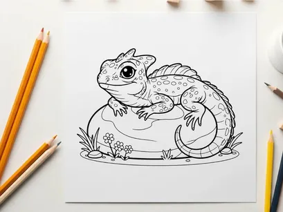 Cute cartoon lizard sitting on rock vector illustration
