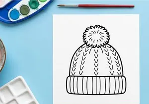 Ilustrasi seni garis topi musim dingin dengan pom pom untuk desain liburan Natal