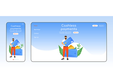 Cashless payments adaptive landing page flat color vector template preview picture