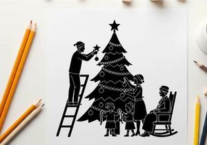 Family decorating christmas tree silhouette holiday scene with father on ladder