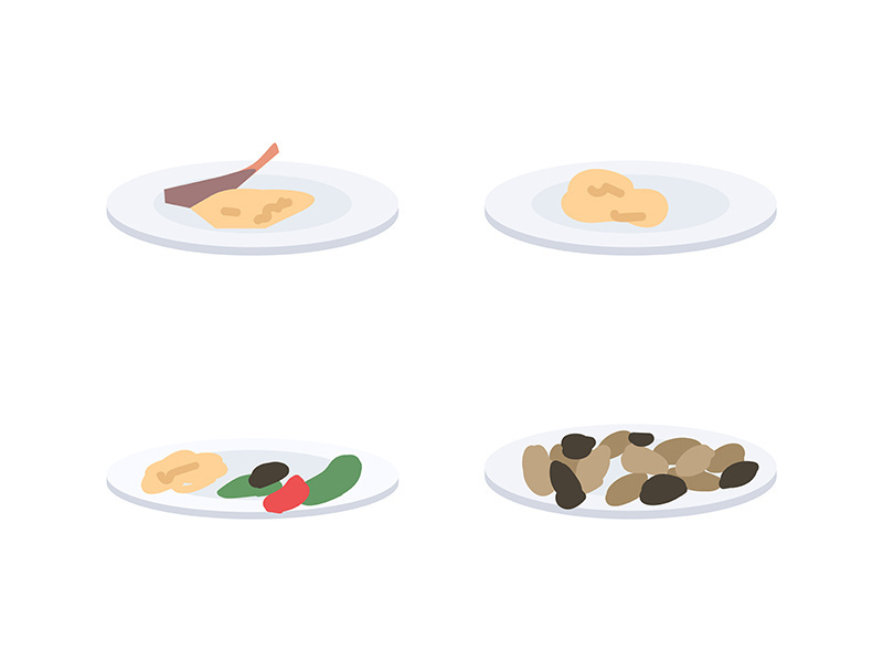 Plates with food flat color vector object set