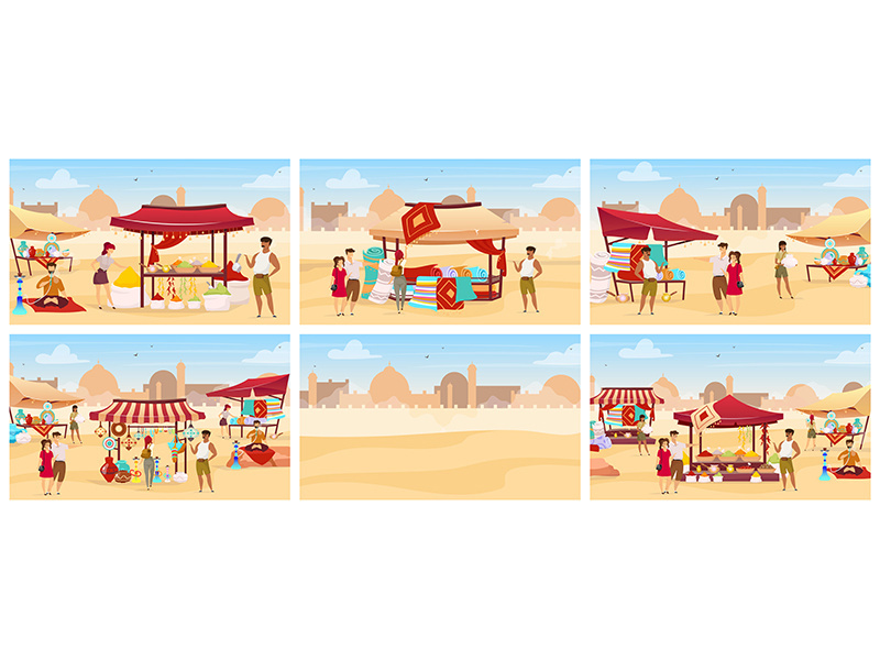 Egypt bazaar flat color vector illustrations set