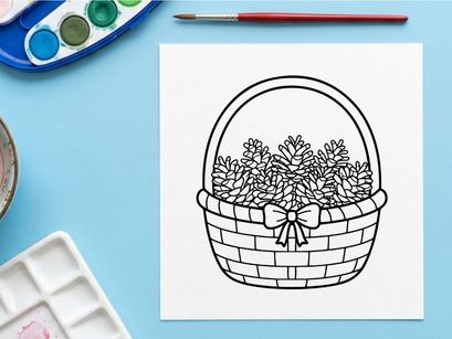 Black and white line art of a wicker basket filled with pinecones