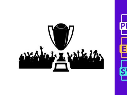 A large trophy cup with cheering crowd in the background silhouette
