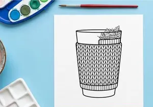 Christmas coffee cup with knitted cozy sleeve, winter holiday beverage illustration.