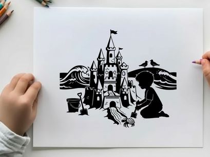 Silhouette of child building sandcastle on beach by sea