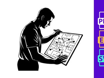 Man creating a strategy plan on a large diagram or blueprint preview picture