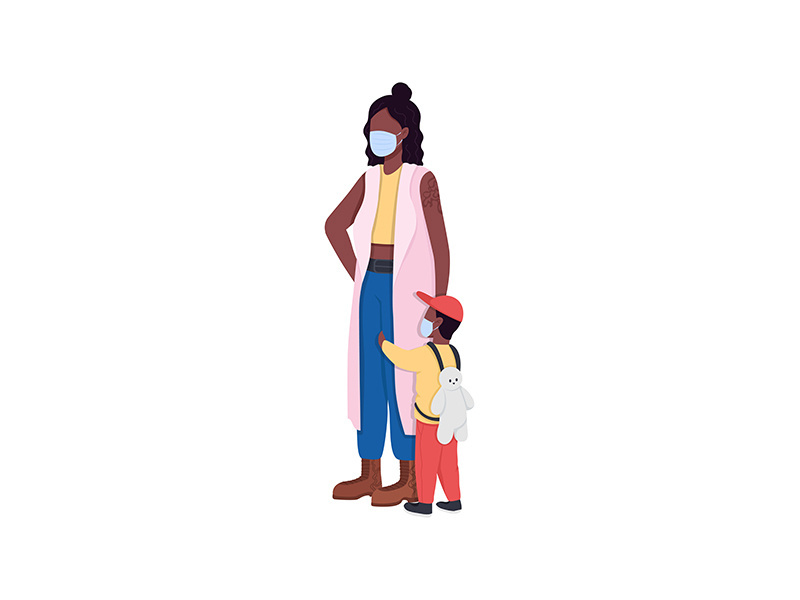 African american mother and son wearing masks flat color vector faceless characters