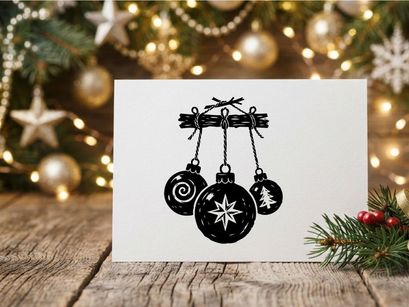 Weihnachtskugeln an einem Holzast, schwarze und weiße Vektorgrafik.