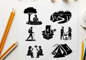 Silhouette illustrations of people camping and outdoor activities silhouette