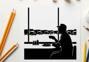 Man sitting in silhouette at a diner table by the window