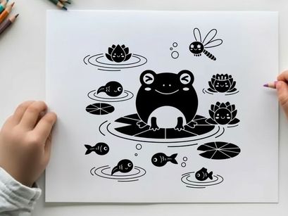 Silhouette of a frog surrounded by water life and lilies silhouette