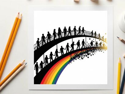 Silhouette of people walking on bridge over rainbow silhouette