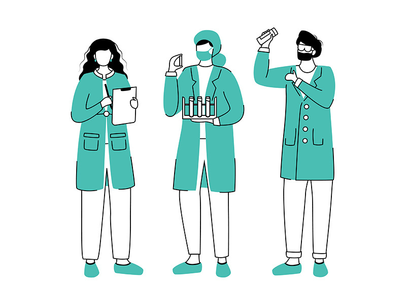 Scientists in lab coats flat contour vector illustration