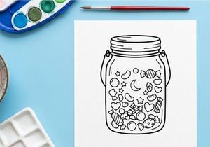 Hand-drawn jar filled with colorful moon and star shapes. Whimsical celestial-themed container illustration for creative projects.