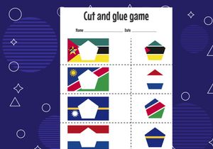 12 Pages Cut and glue game for kids with country flag. Cutting practice for preschoolers. Education paper game for children