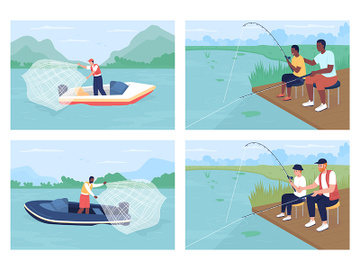 Recreational fishing flat color vector illustrations set preview picture