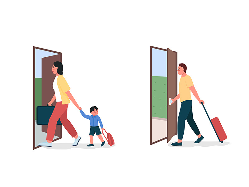 Mother, father leaving flat color vector detailed character set