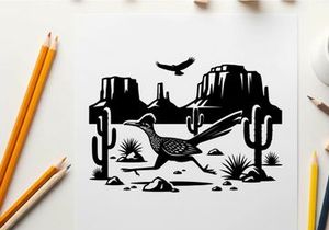 Desert landscape with roadrunner silhouette and cacti plants